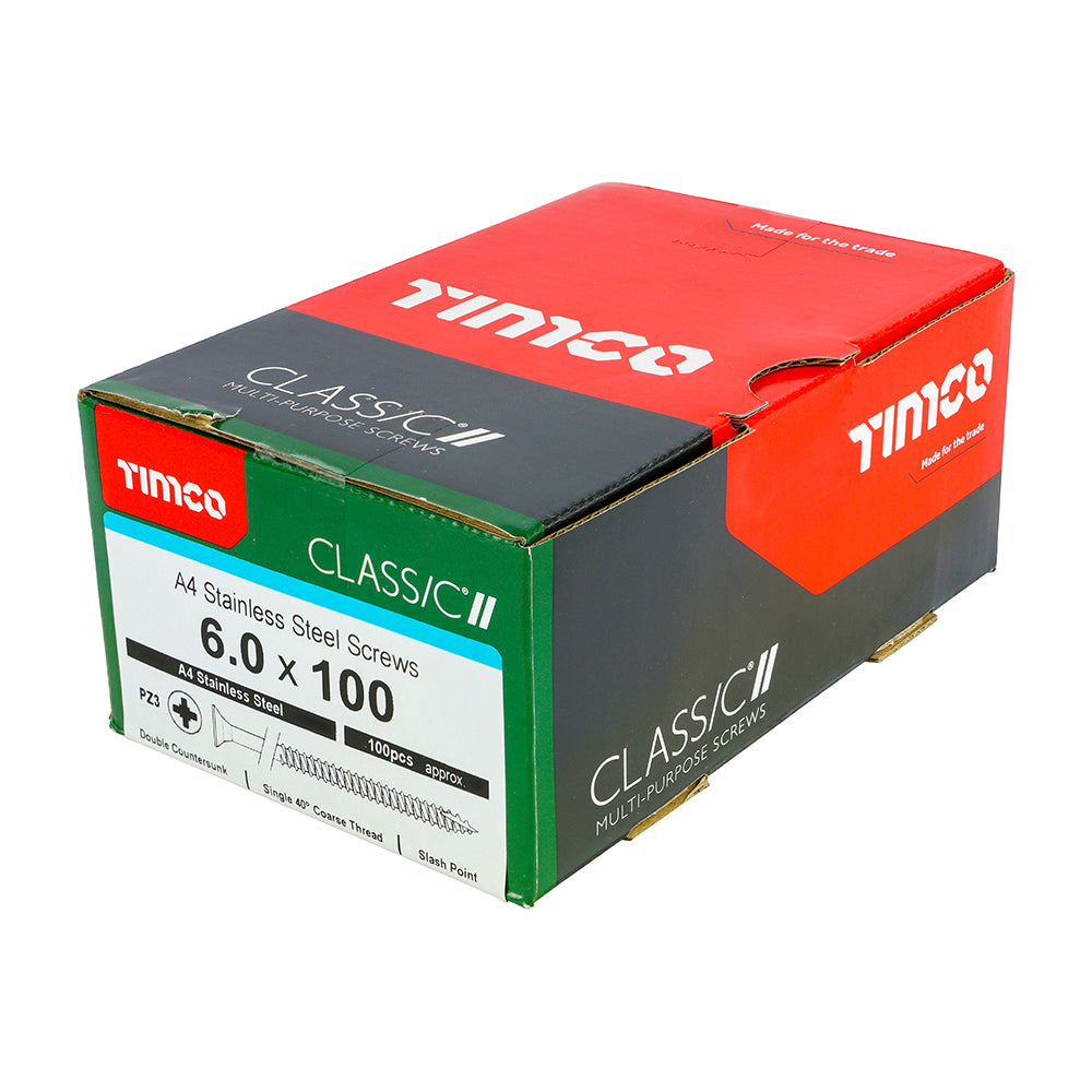 This is an image showing TIMCO Classic Multi-Purpose Screws - PZ - Double Countersunk - A4 Stainless Steel
 - 6.0 x 100 - 100 Pieces Box available from T.H Wiggans Ironmongery in Kendal, quick delivery at discounted prices.