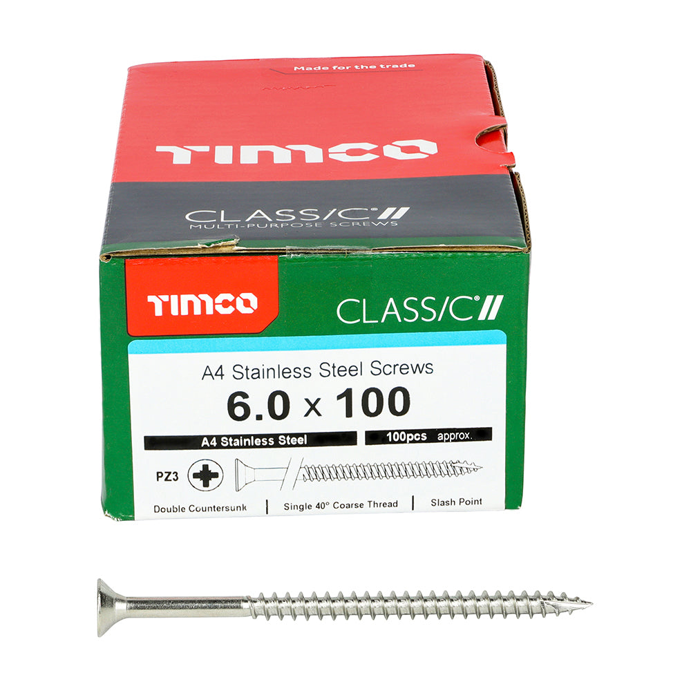 This is an image showing TIMCO Classic Multi-Purpose Screws - PZ - Double Countersunk - A4 Stainless Steel
 - 6.0 x 100 - 100 Pieces Box available from T.H Wiggans Ironmongery in Kendal, quick delivery at discounted prices.