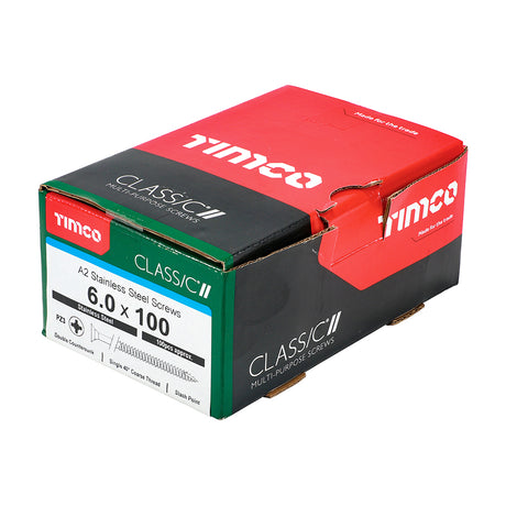This is an image showing TIMCO Classic Multi-Purpose Screws - PZ - Double Countersunk - A2 Stainless Steel
 - 6.0 x 100 - 100 Pieces Box available from T.H Wiggans Ironmongery in Kendal, quick delivery at discounted prices.