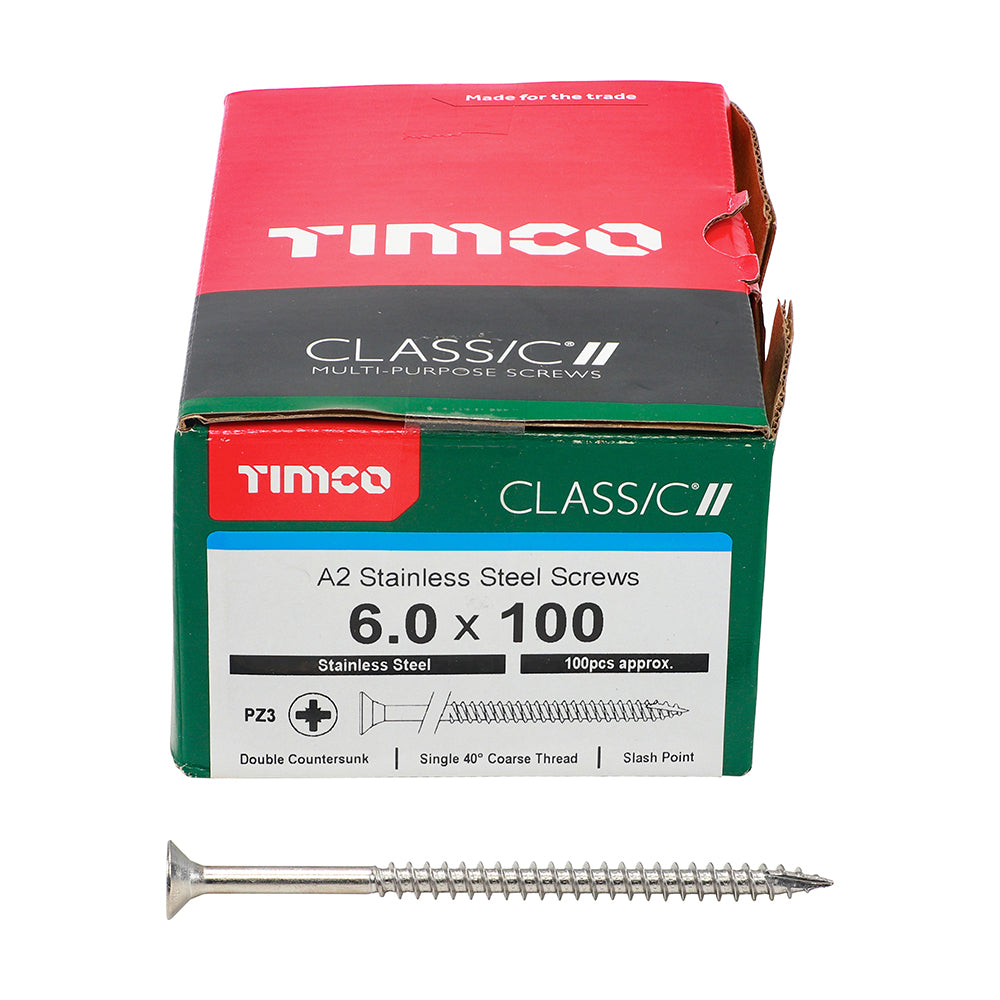 This is an image showing TIMCO Classic Multi-Purpose Screws - PZ - Double Countersunk - A2 Stainless Steel
 - 6.0 x 100 - 100 Pieces Box available from T.H Wiggans Ironmongery in Kendal, quick delivery at discounted prices.