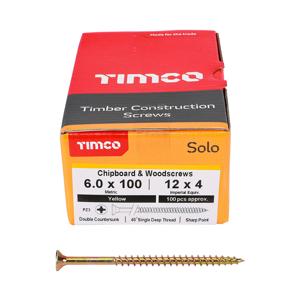 This is an image showing TIMCO Solo Chipboard & Woodscrews - PZ - Double Countersunk - Yellow - 6.0 x 100 - 100 Pieces Box available from T.H Wiggans Ironmongery in Kendal, quick delivery at discounted prices.