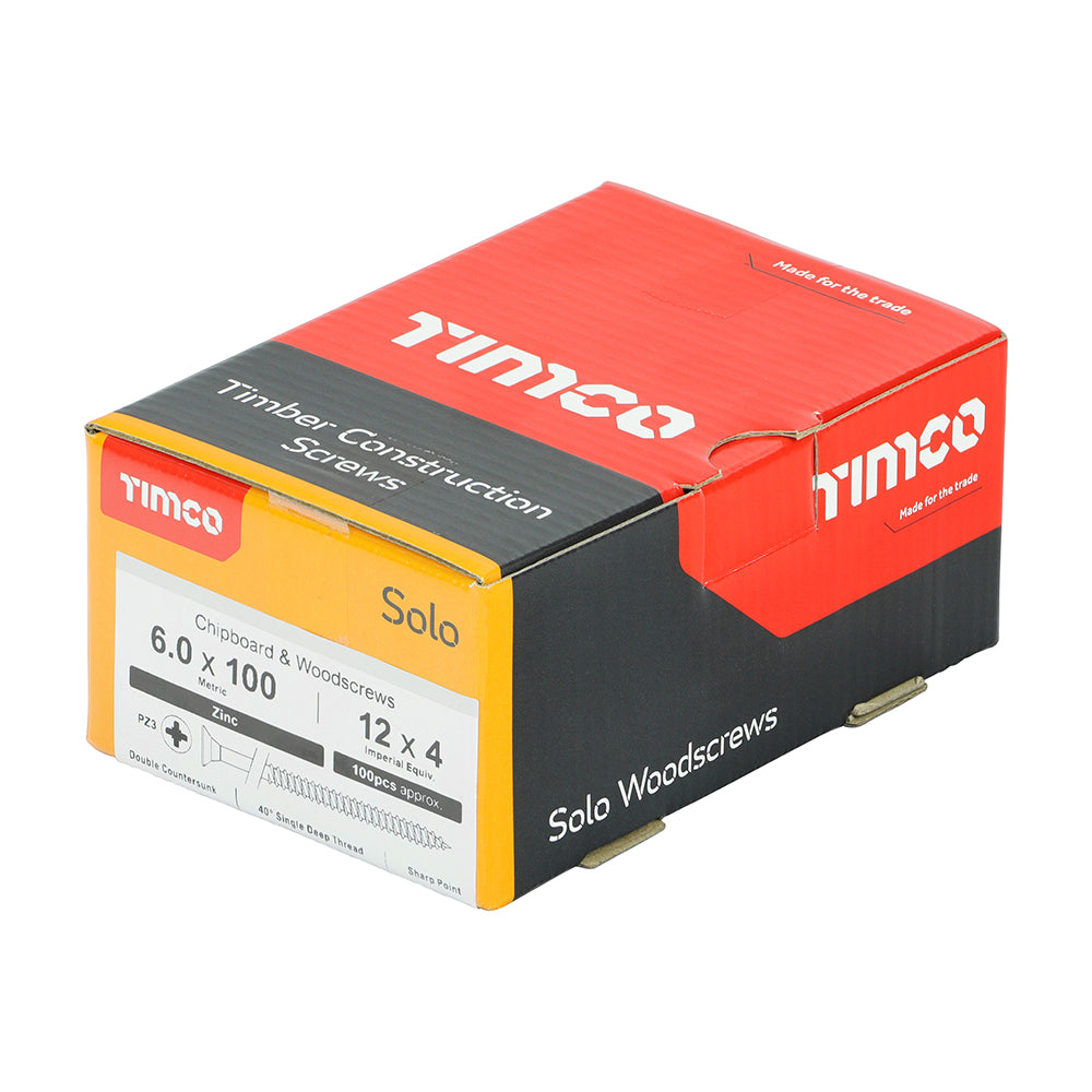 This is an image showing TIMCO Solo Chipboard & Woodscrews - PZ - Double Countersunk - Zinc - 6.0 x 100 - 100 Pieces Box available from T.H Wiggans Ironmongery in Kendal, quick delivery at discounted prices.