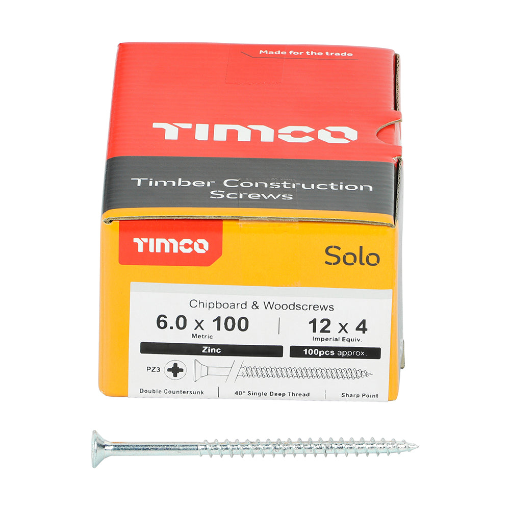 This is an image showing TIMCO Solo Chipboard & Woodscrews - PZ - Double Countersunk - Zinc - 6.0 x 100 - 100 Pieces Box available from T.H Wiggans Ironmongery in Kendal, quick delivery at discounted prices.