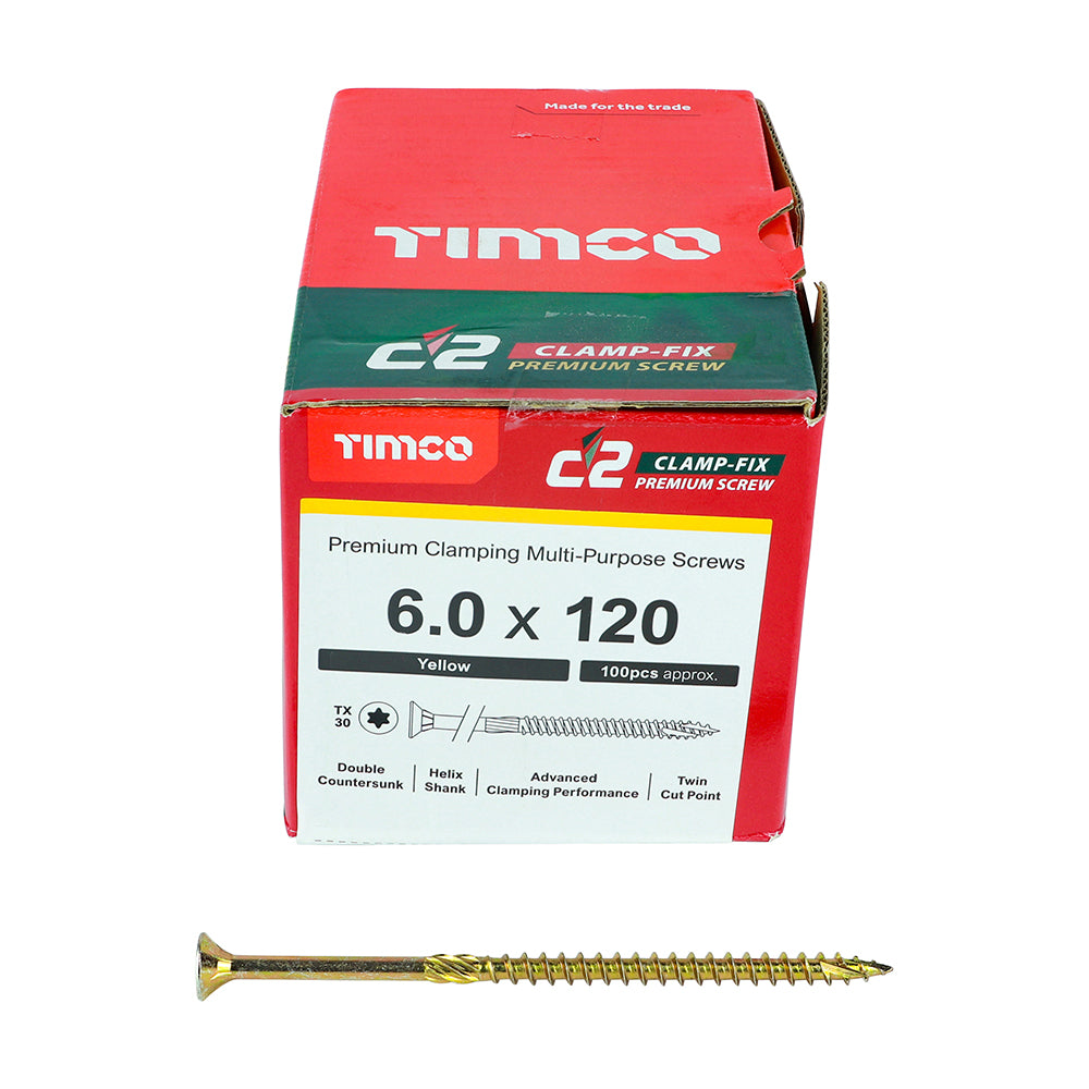 This is an image showing TIMCO C2 Clamp-Fix - TX - Double Countersunk with Ribs - Twin-Cut - Yellow - 6.0 x 120 - 100 Pieces Box available from T.H Wiggans Ironmongery in Kendal, quick delivery at discounted prices.
