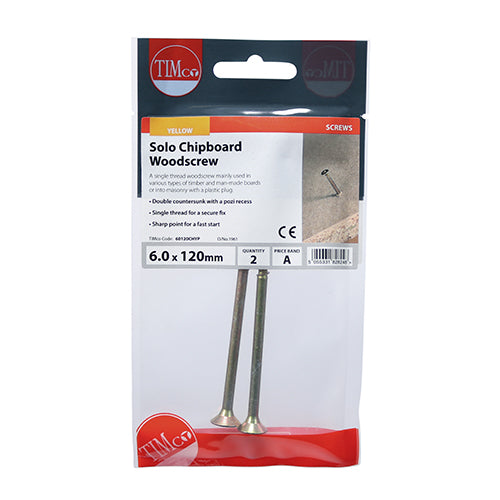 This is an image showing TIMCO Solo Woodscrews - PZ - Double Countersunk - Yellow - 6.0 x 120 - 2 Pieces TIMpac available from T.H Wiggans Ironmongery in Kendal, quick delivery at discounted prices.