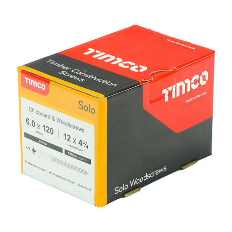 This is an image showing TIMCO Solo Chipboard & Woodscrews - PZ - Double Countersunk - Yellow - 6.0 x 120 - 100 Pieces Box available from T.H Wiggans Ironmongery in Kendal, quick delivery at discounted prices.