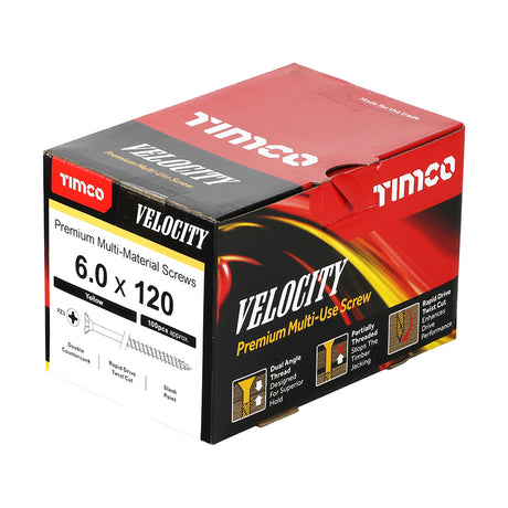 This is an image showing TIMCO Velocity Premium Multi-Use Screws - PZ - Double Countersunk - Yellow
 - 6.0 x 120 - 100 Pieces Box available from T.H Wiggans Ironmongery in Kendal, quick delivery at discounted prices.