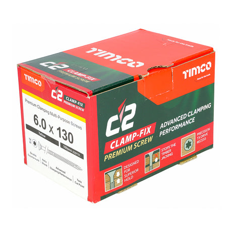 This is an image showing TIMCO C2 Clamp-Fix - TX - Double Countersunk with Ribs - Twin-Cut - Yellow - 6.0 x 130 - 100 Pieces Box available from T.H Wiggans Ironmongery in Kendal, quick delivery at discounted prices.