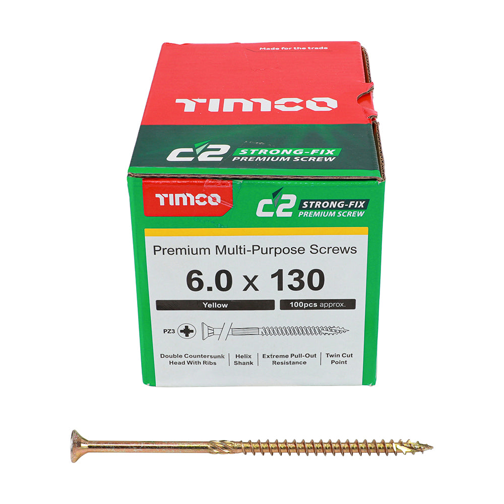 This is an image showing TIMCO C2 Strong-Fix - PZ - Double Countersunk - Twin-Cut - Yellow - 6.0 x 130 - 100 Pieces Box available from T.H Wiggans Ironmongery in Kendal, quick delivery at discounted prices.