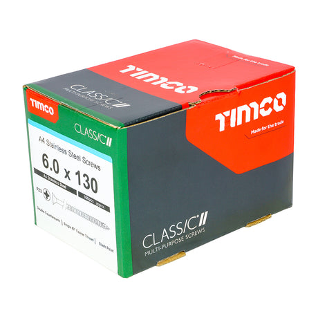 This is an image showing TIMCO Classic Multi-Purpose Screws - PZ - Double Countersunk - A4 Stainless Steel
 - 6.0 x 130 - 100 Pieces Box available from T.H Wiggans Ironmongery in Kendal, quick delivery at discounted prices.