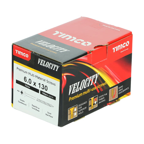 This is an image showing TIMCO Velocity Premium Multi-Use Screws - PZ - Double Countersunk - Yellow
 - 6.0 x 130 - 100 Pieces Box available from T.H Wiggans Ironmongery in Kendal, quick delivery at discounted prices.