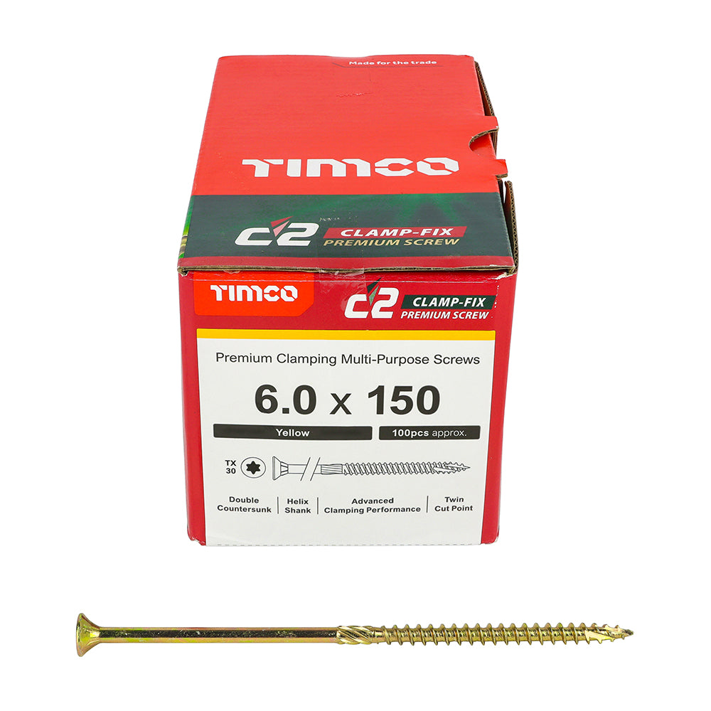 This is an image showing TIMCO C2 Clamp-Fix - TX - Double Countersunk with Ribs - Twin-Cut - Yellow - 6.0 x 150 - 100 Pieces Box available from T.H Wiggans Ironmongery in Kendal, quick delivery at discounted prices.