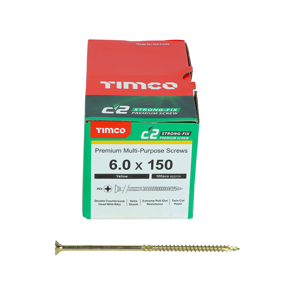 This is an image showing TIMCO C2 Strong-Fix - PZ - Double Countersunk - Twin-Cut - Yellow - 6.0 x 150 - 100 Pieces Box available from T.H Wiggans Ironmongery in Kendal, quick delivery at discounted prices.