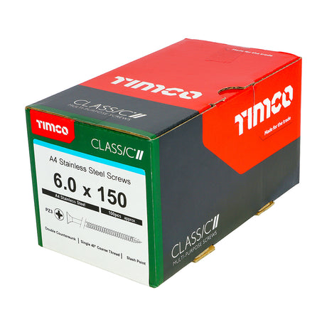 This is an image showing TIMCO Classic Multi-Purpose Screws - PZ - Double Countersunk - A4 Stainless Steel
 - 6.0 x 150 - 100 Pieces Box available from T.H Wiggans Ironmongery in Kendal, quick delivery at discounted prices.