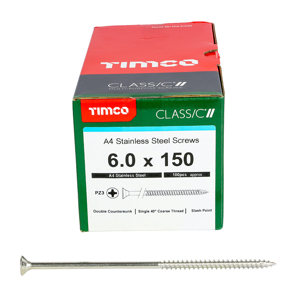This is an image showing TIMCO Classic Multi-Purpose Screws - PZ - Double Countersunk - A4 Stainless Steel
 - 6.0 x 150 - 100 Pieces Box available from T.H Wiggans Ironmongery in Kendal, quick delivery at discounted prices.