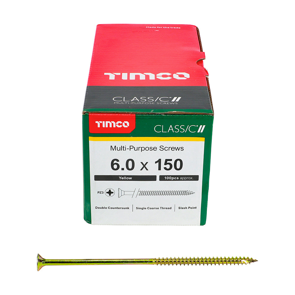 This is an image showing TIMCO Classic Multi-Purpose Screws - PZ - Double Countersunk - Yellow - 6.0 x 150 - 100 Pieces Box available from T.H Wiggans Ironmongery in Kendal, quick delivery at discounted prices.