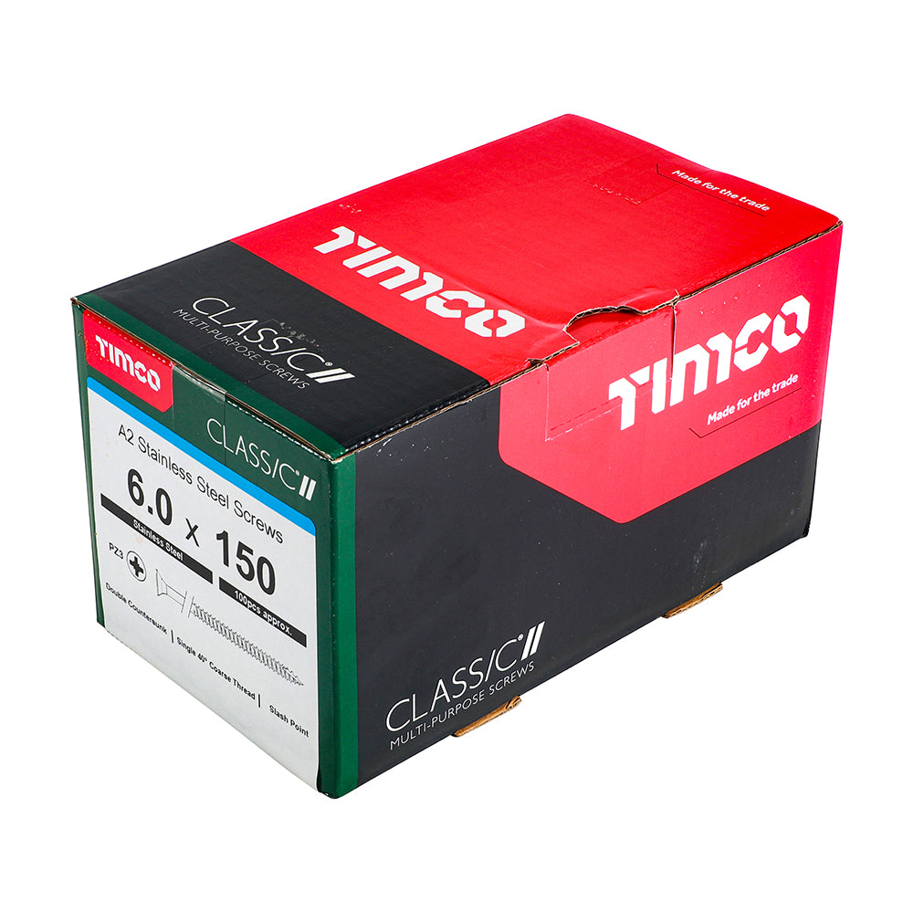 This is an image showing TIMCO Classic Multi-Purpose Screws - PZ - Double Countersunk - A2 Stainless Steel
 - 6.0 x 150 - 100 Pieces Box available from T.H Wiggans Ironmongery in Kendal, quick delivery at discounted prices.