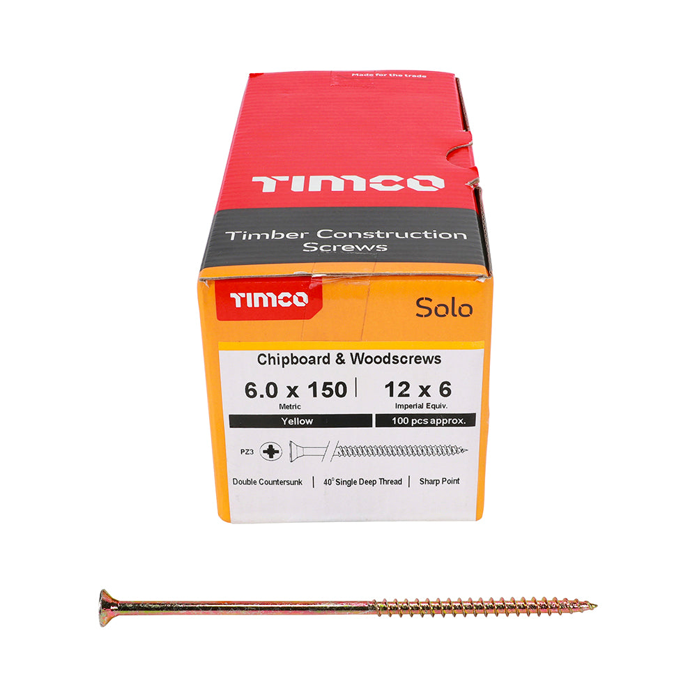 This is an image showing TIMCO Solo Chipboard & Woodscrews - PZ - Double Countersunk - Yellow - 6.0 x 150 - 100 Pieces Box available from T.H Wiggans Ironmongery in Kendal, quick delivery at discounted prices.
