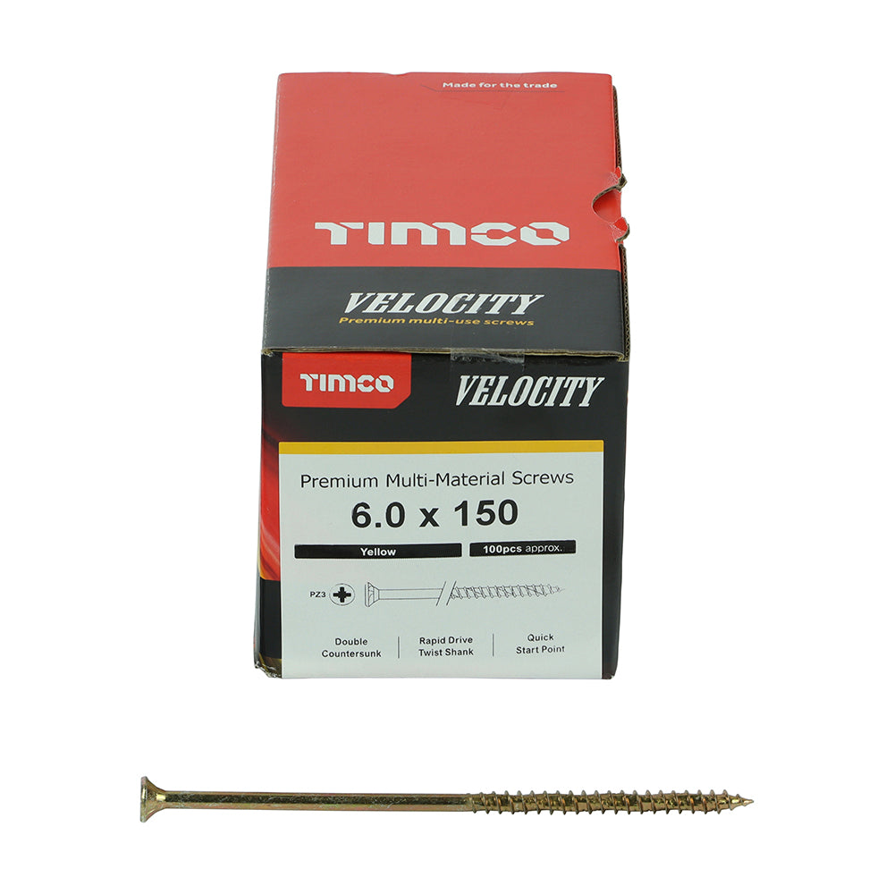This is an image showing TIMCO Velocity Premium Multi-Use Screws - PZ - Double Countersunk - Yellow
 - 6.0 x 150 - 100 Pieces Box available from T.H Wiggans Ironmongery in Kendal, quick delivery at discounted prices.