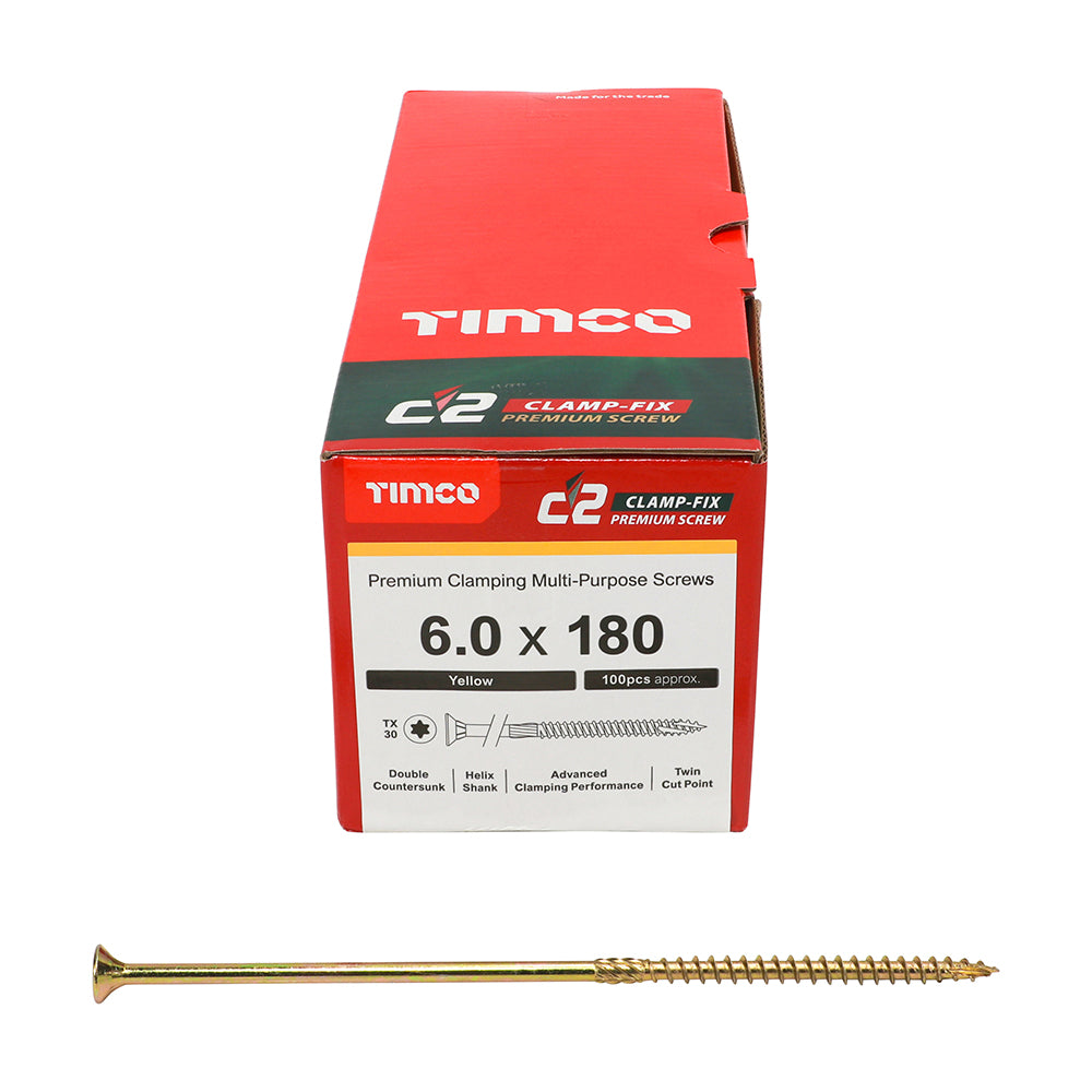 This is an image showing TIMCO C2 Clamp-Fix - TX - Double Countersunk with Ribs - Twin-Cut - Yellow - 6.0 x 180 - 100 Pieces Box available from T.H Wiggans Ironmongery in Kendal, quick delivery at discounted prices.