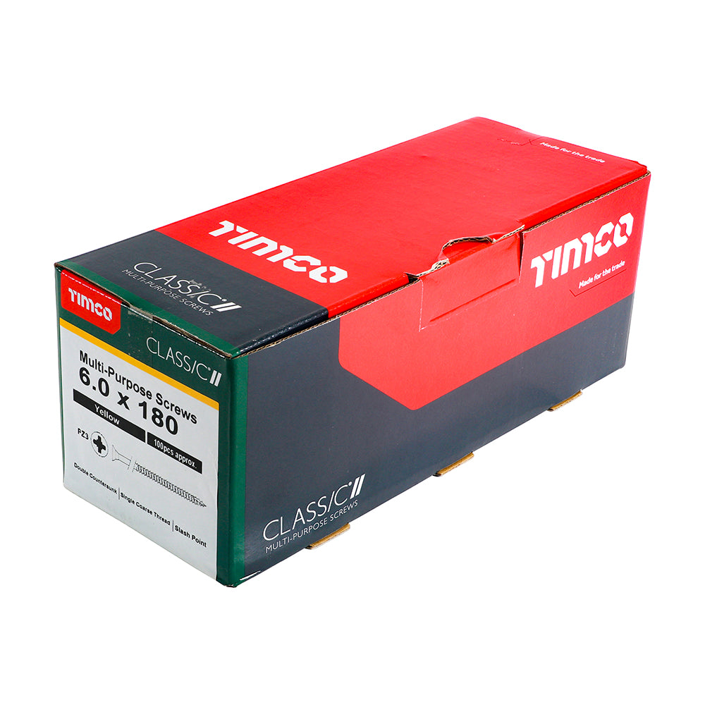 This is an image showing TIMCO Classic Multi-Purpose Screws - PZ - Double Countersunk - Yellow - 6.0 x 180 - 100 Pieces Box available from T.H Wiggans Ironmongery in Kendal, quick delivery at discounted prices.