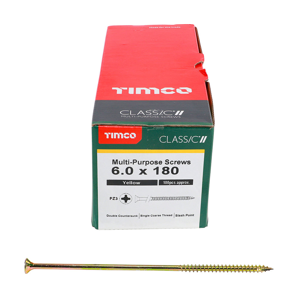This is an image showing TIMCO Classic Multi-Purpose Screws - PZ - Double Countersunk - Yellow - 6.0 x 180 - 100 Pieces Box available from T.H Wiggans Ironmongery in Kendal, quick delivery at discounted prices.