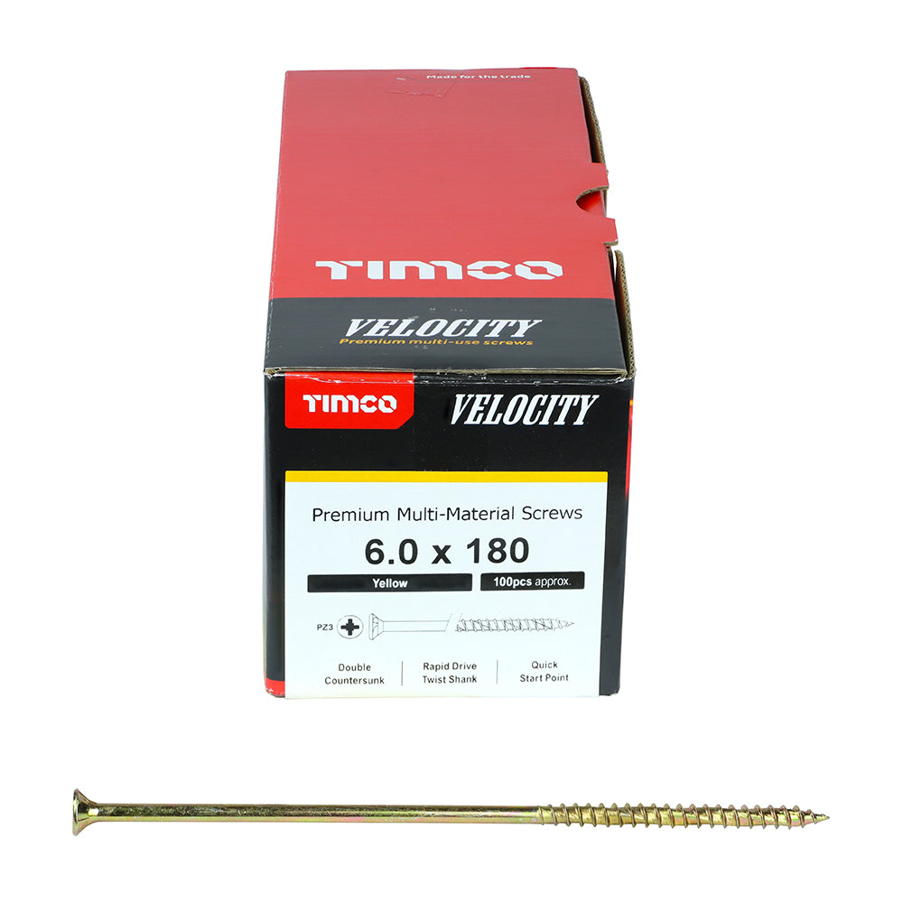 This is an image showing TIMCO Velocity Premium Multi-Use Screws - PZ - Double Countersunk - Yellow
 - 6.0 x 180 - 100 Pieces Box available from T.H Wiggans Ironmongery in Kendal, quick delivery at discounted prices.