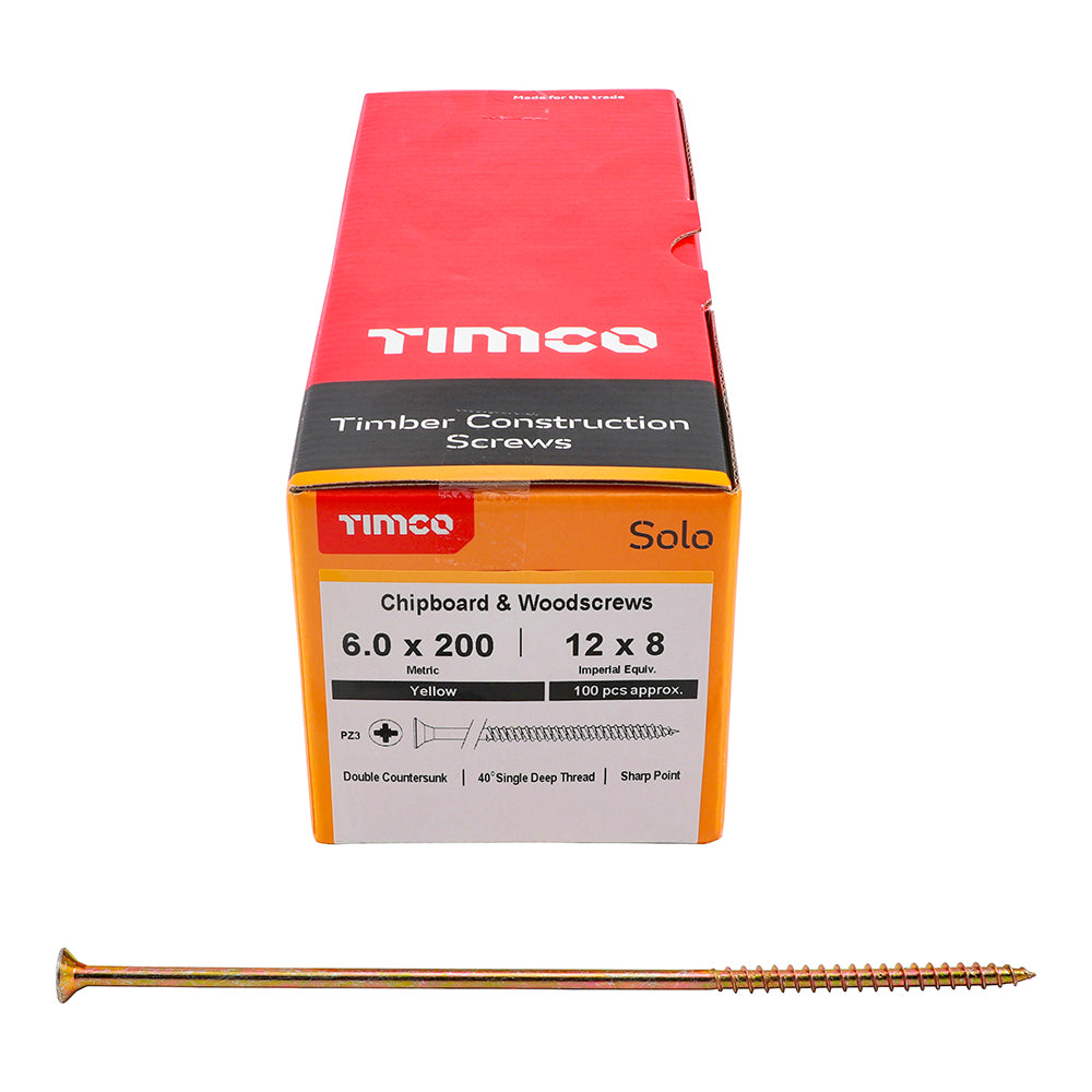 This is an image showing TIMCO Solo Chipboard & Woodscrews - PZ - Double Countersunk - Yellow - 6.0 x 200 - 100 Pieces Box available from T.H Wiggans Ironmongery in Kendal, quick delivery at discounted prices.