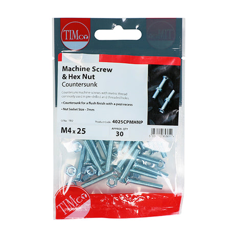 This is an image showing TIMCO Machine Screws - PZ - Countersunk & Hex Nuts - Zinc - M6 x 20 - 20 Pieces TIMpac available from T.H Wiggans Ironmongery in Kendal, quick delivery at discounted prices.