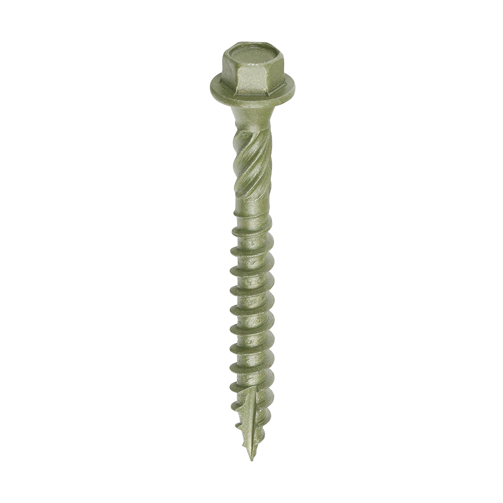 This is an image showing TIMCO Timber Frame Construction & Landscaping Screws - Hex - Exterior - Green Organic - 6.7 x 60 - 50 Pieces Box available from T.H Wiggans Ironmongery in Kendal, quick delivery at discounted prices.