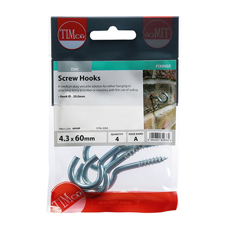 This is an image showing TIMCO Screw Hooks - Zinc - 60mm - 4 Pieces TIMpac available from T.H Wiggans Ironmongery in Kendal, quick delivery at discounted prices.