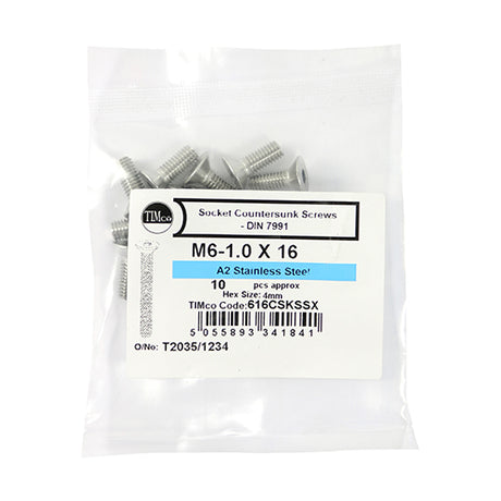 This is an image showing TIMCO Socket Screws - Countersunk - A2 Stainless Steel - M6 x 16 - 10 Pieces Bag available from T.H Wiggans Ironmongery in Kendal, quick delivery at discounted prices.