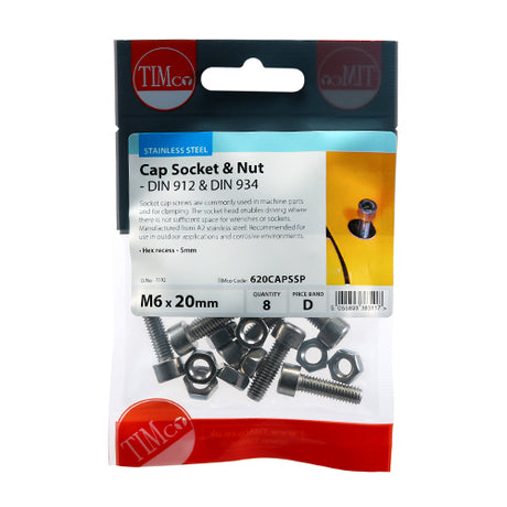 This is an image showing TIMCO Socket Screws & Hex Nuts - Cap - Stainless Steel - M6 x 20 - 8 Pieces TIMpac available from T.H Wiggans Ironmongery in Kendal, quick delivery at discounted prices.