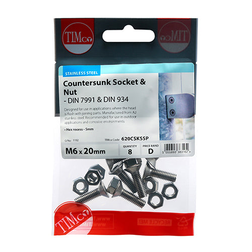 This is an image showing TIMCO Socket Screws & Hex Nuts - Countersunk - Stainless Steel - M6 x 20 - 8 Pieces TIMpac available from T.H Wiggans Ironmongery in Kendal, quick delivery at discounted prices.