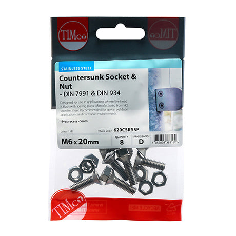 This is an image showing TIMCO Socket Screws & Hex Nuts - Countersunk - Stainless Steel - M6 x 20 - 8 Pieces TIMpac available from T.H Wiggans Ironmongery in Kendal, quick delivery at discounted prices.