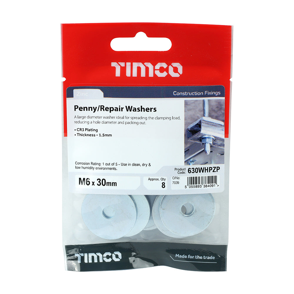 This is an image showing TIMCO Penny / Repair Washers - Zinc - M6 x 30 - 8 Pieces TIMpac available from T.H Wiggans Ironmongery in Kendal, quick delivery at discounted prices.