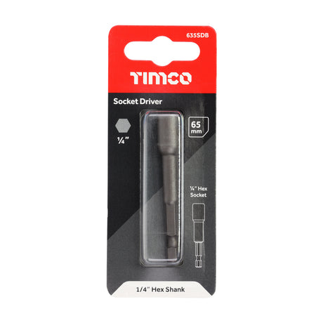 This is an image showing TIMCO Magnetic Socket Driver Bit - Hex - 1/4 x 65 - 1 Each Blister Pack available from T.H Wiggans Ironmongery in Kendal, quick delivery at discounted prices.