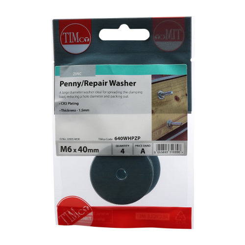 This is an image showing TIMCO Penny / Repair Washers - Zinc - M6 x 40 - 4 Pieces TIMpac available from T.H Wiggans Ironmongery in Kendal, quick delivery at discounted prices.