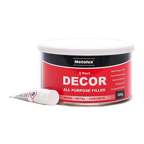This is an image showing TIMCO Metolux 2 Part Decor All Purpose Filler - Light Grey - 500g - 1 Each Tin available from T.H Wiggans Ironmongery in Kendal, quick delivery at discounted prices.