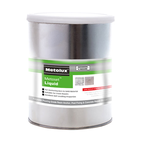 This is an image showing TIMCO Metolux 2 Part Metoset Liquid Mortar - Grey - 1kg - 1 Each Tin available from T.H Wiggans Ironmongery in Kendal, quick delivery at discounted prices.