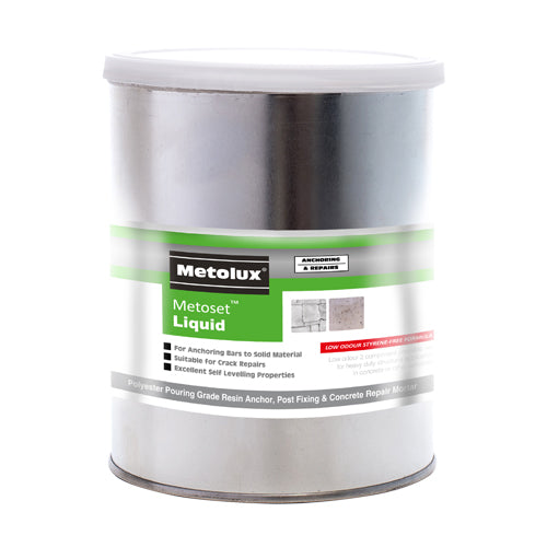 This is an image showing TIMCO Metolux 2 Part Metoset Liquid Mortar - Grey - 1kg - 1 Each Tin available from T.H Wiggans Ironmongery in Kendal, quick delivery at discounted prices.