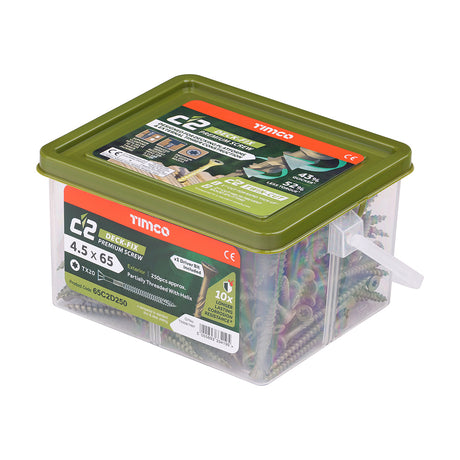 This is an image showing TIMCO C2 Deck-Fix - TX - Countersunk with Ribs - Twin-Cut - Green - 4.5 x 65 - 250 Pieces Tub available from T.H Wiggans Ironmongery in Kendal, quick delivery at discounted prices.