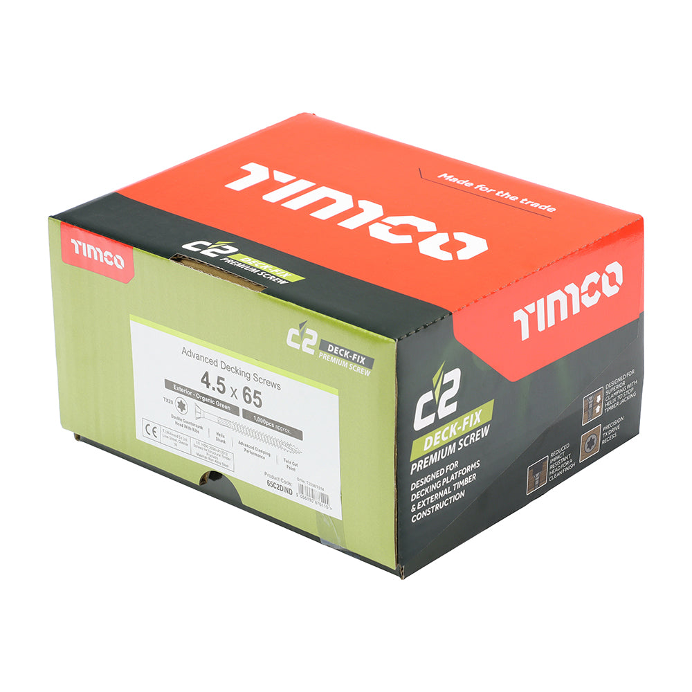 This is an image showing TIMCO C2 Deck-Fix - TX - Countersunk with Ribs - Twin-Cut - Green - 4.5 x 65 - 1000 Pieces Box available from T.H Wiggans Ironmongery in Kendal, quick delivery at discounted prices.