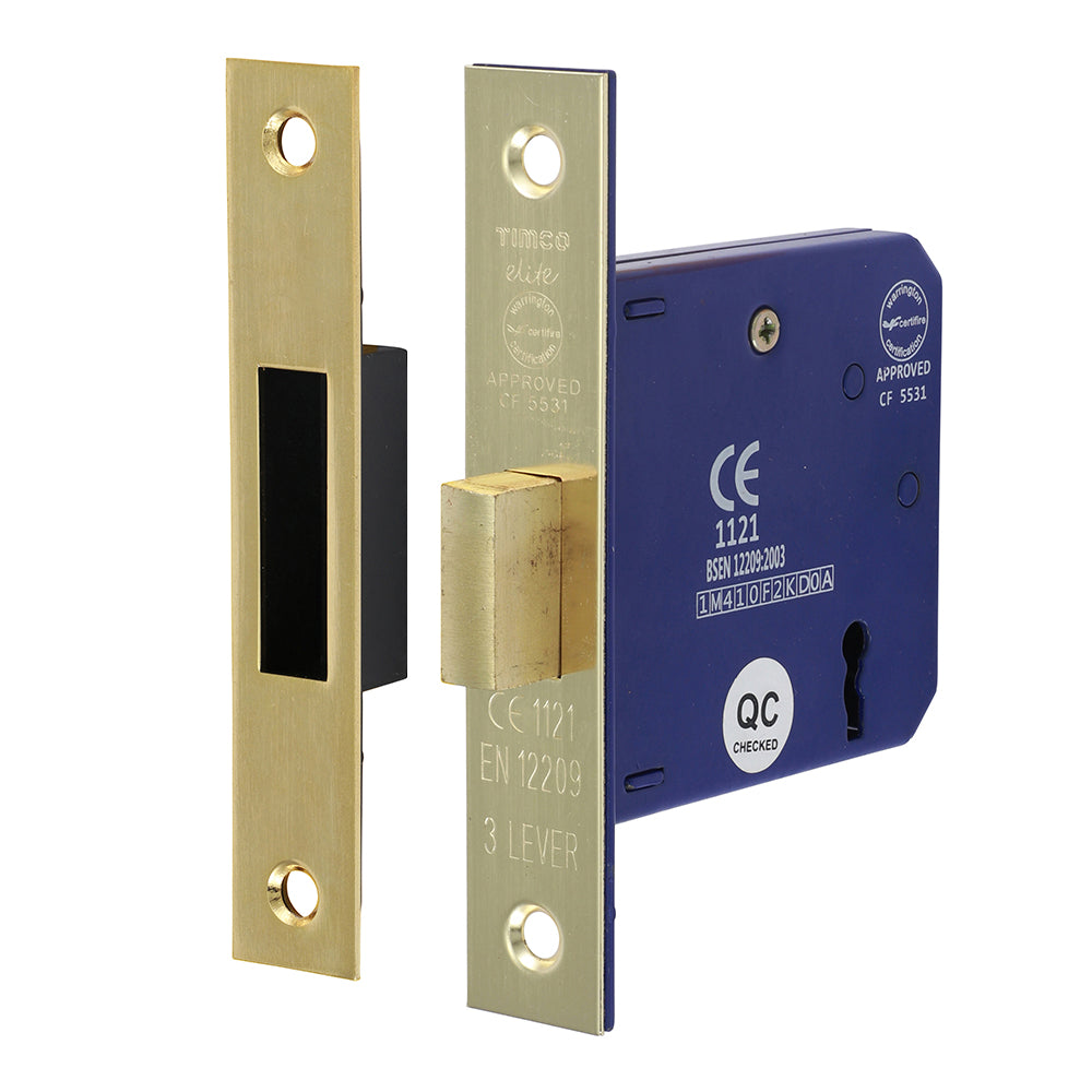 This is an image showing TIMCO 3 Lever Deadlock - Electro Brass - 78 case / 58 backset - 1 Each Box available from T.H Wiggans Ironmongery in Kendal, quick delivery at discounted prices.