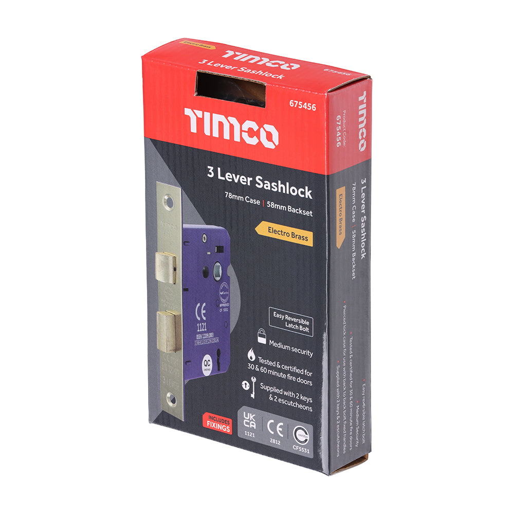 This is an image showing TIMCO 3 Lever Sashlock - Electro Brass - 78 case / 58 backset - 1 Each Box available from T.H Wiggans Ironmongery in Kendal, quick delivery at discounted prices.