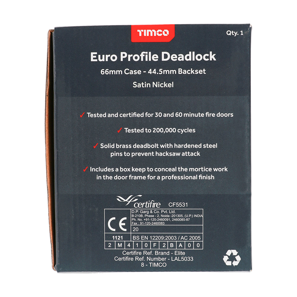 This is an image showing TIMCO Euro Deadlock - Satin Nickel - 66 case / 45 backset - 1 Each Box available from T.H Wiggans Ironmongery in Kendal, quick delivery at discounted prices.
