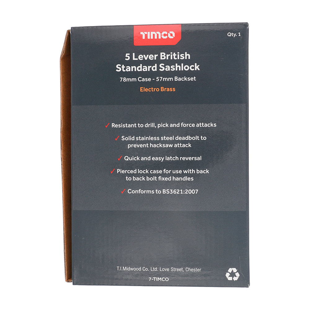 This is an image showing TIMCO 5 Lever British Standard Sashlock - Electro Brass - 78 case / 57 backset - 1 Each Box available from T.H Wiggans Ironmongery in Kendal, quick delivery at discounted prices.