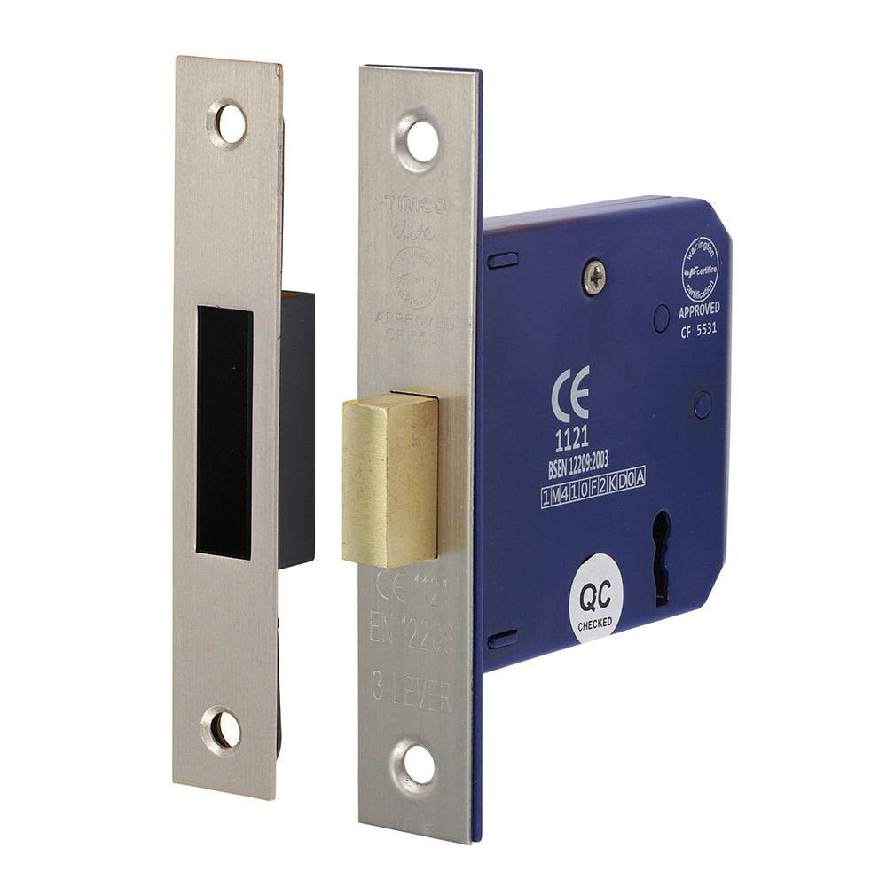 This is an image showing TIMCO 3 Lever Deadlock - Satin Nickel - 78 case / 58 backset - 1 Each Box available from T.H Wiggans Ironmongery in Kendal, quick delivery at discounted prices.