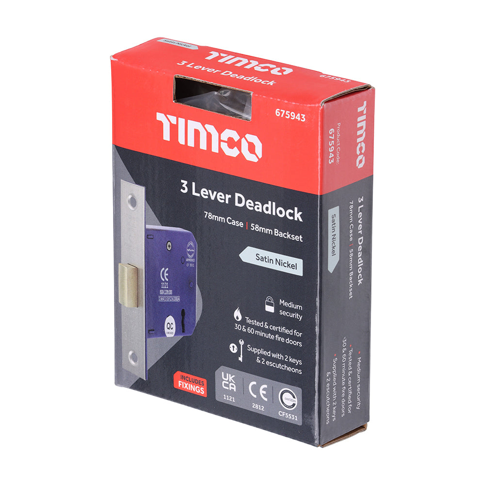 This is an image showing TIMCO 3 Lever Deadlock - Satin Nickel - 78 case / 58 backset - 1 Each Box available from T.H Wiggans Ironmongery in Kendal, quick delivery at discounted prices.
