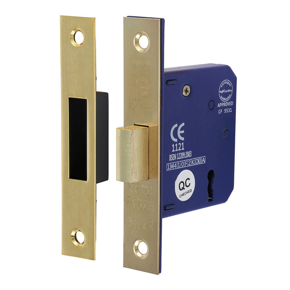 This is an image showing TIMCO 3 Lever Deadlock - Electro Brass - 65 case / 45 backset - 1 Each Box available from T.H Wiggans Ironmongery in Kendal, quick delivery at discounted prices.